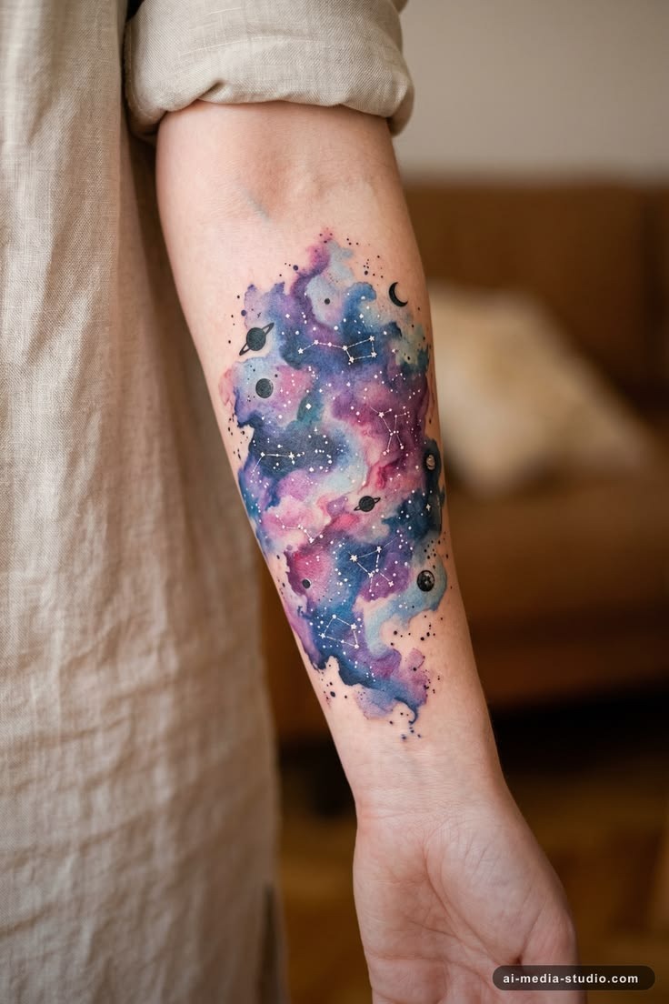 Watercolor Constellation Cloud Tattoo, a tattoo design rendered in delicate fine-line.