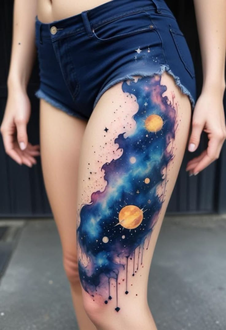 Watercolor Galaxy Thigh Tattoo, a tattoo design rendered in watercolor.
