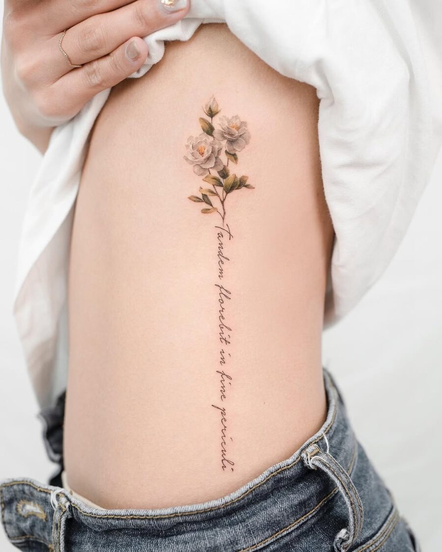 Beautiful gardenia tattoo blending art and text Tattoo Design