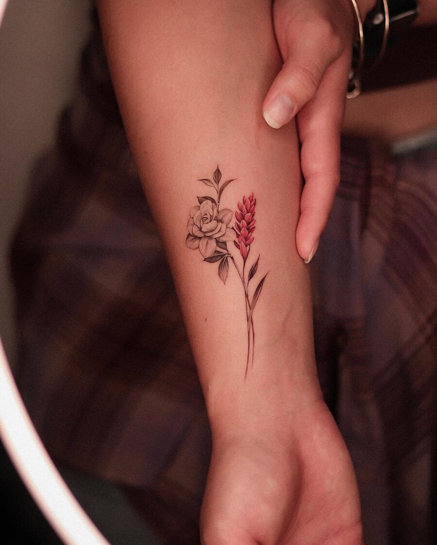 Elegant gardenia and floral tattoo on arm Tattoo Design