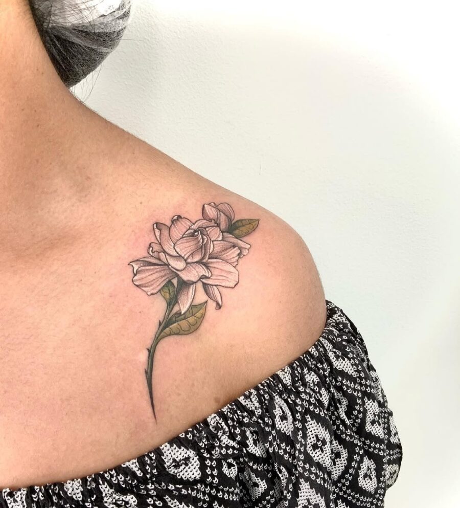 Elegant gardenia tattoo on a shoulder blade. Tattoo Design