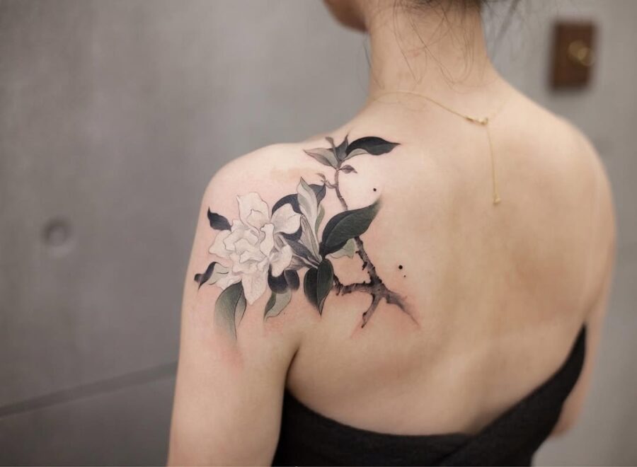 Elegant gardenia tattoo on a shoulder Tattoo Design