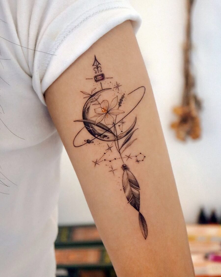 Elegant gardenia tattoo with cosmic elements Tattoo Design