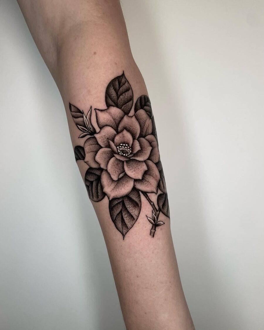 Elegant gardenia tattoo with intricate leaf details Tattoo Design