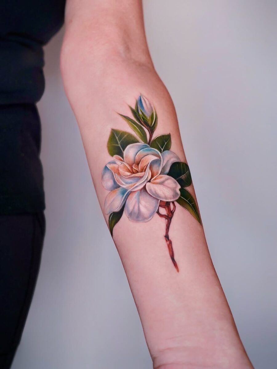 Stunning Gardenia Tattoo on a Delicate Arm Tattoo Design