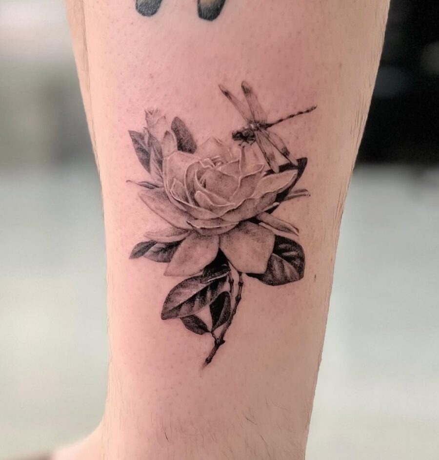 Stunning Realistic Gardenia Tattoo with Dragonfly Tattoo Design