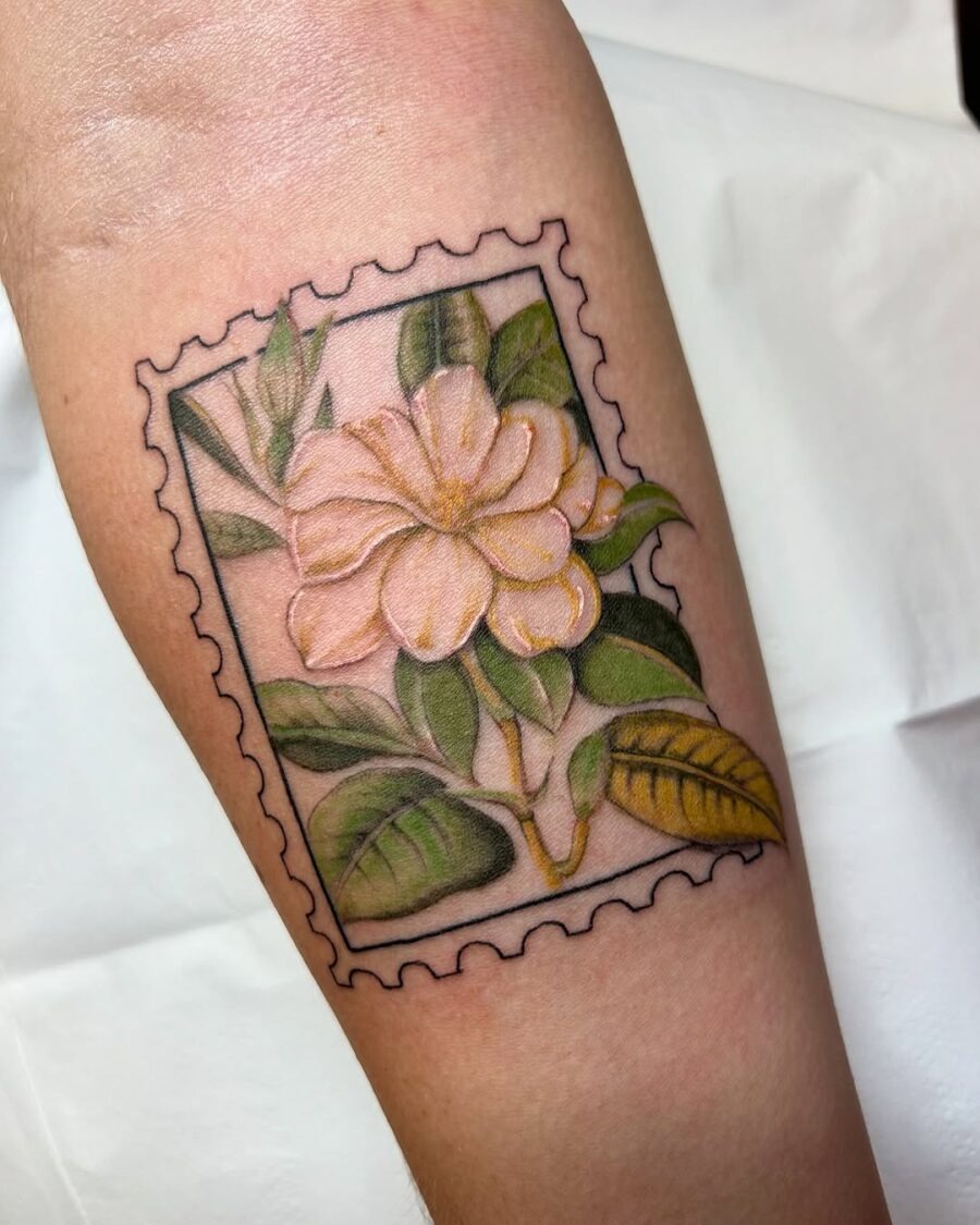 Unique gardenia tattoo with a framed design Tattoo Design