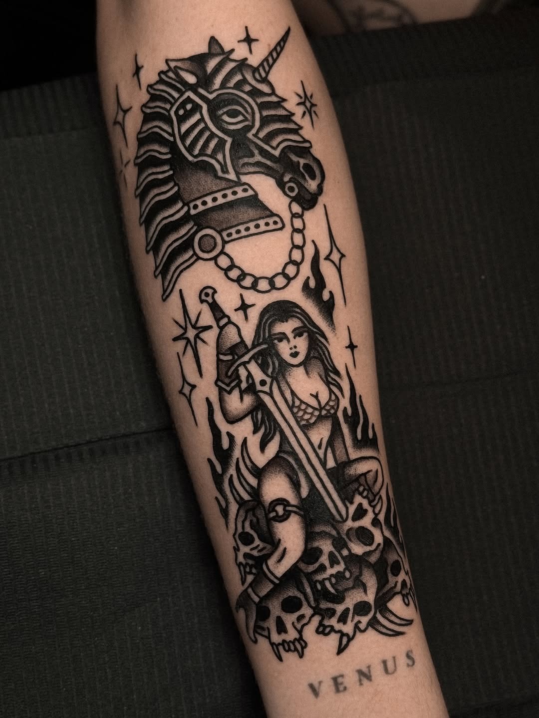 Bold fantasy-themed tattoo with a unicorn Tattoo Design
