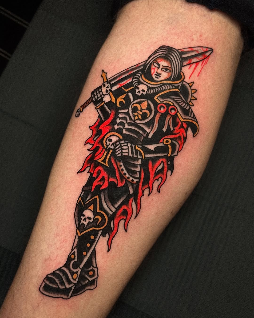 Striking warrior tattoo with vibrant flames Tattoo Design