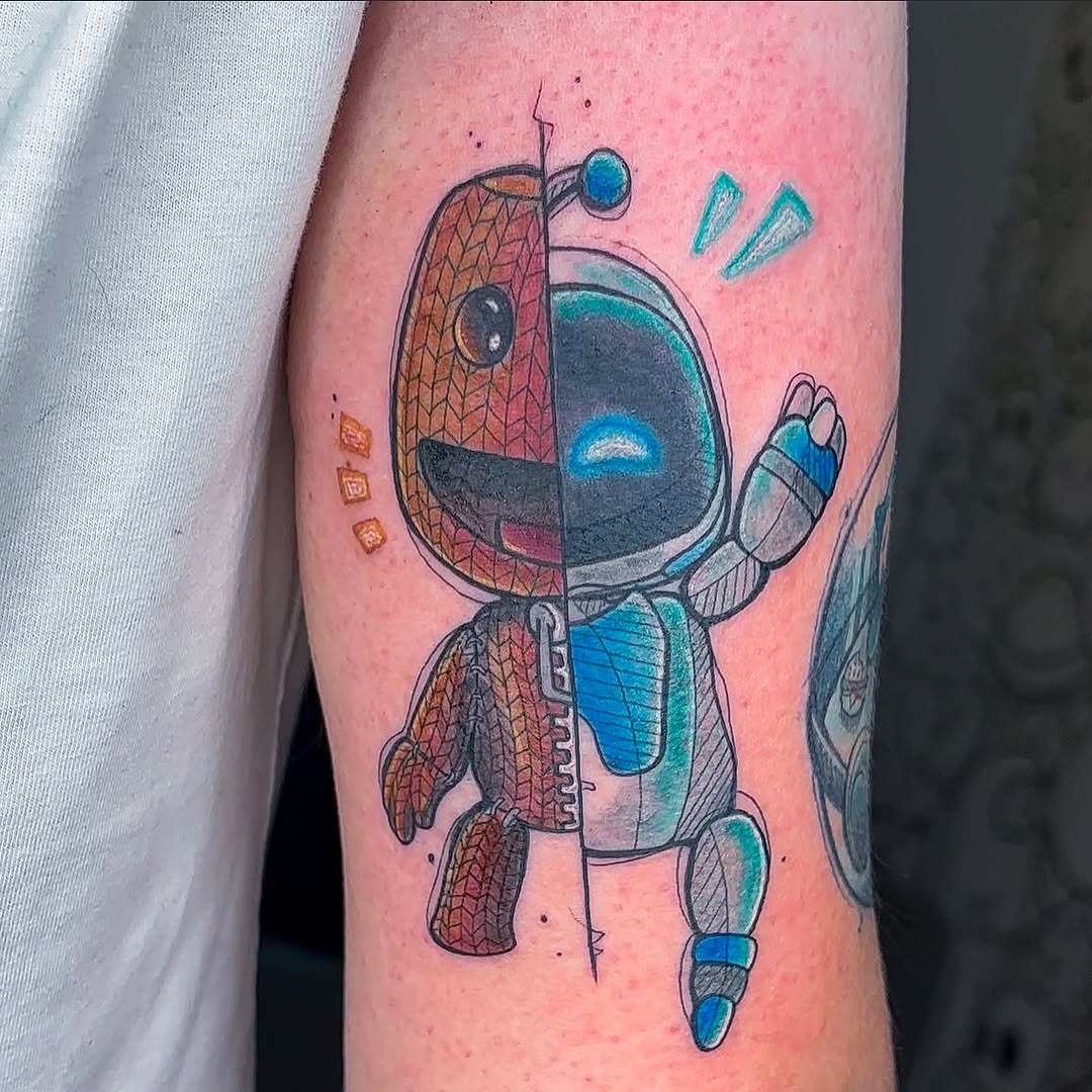 Whimsical robot tattoo design with dual characters Tattoo Design