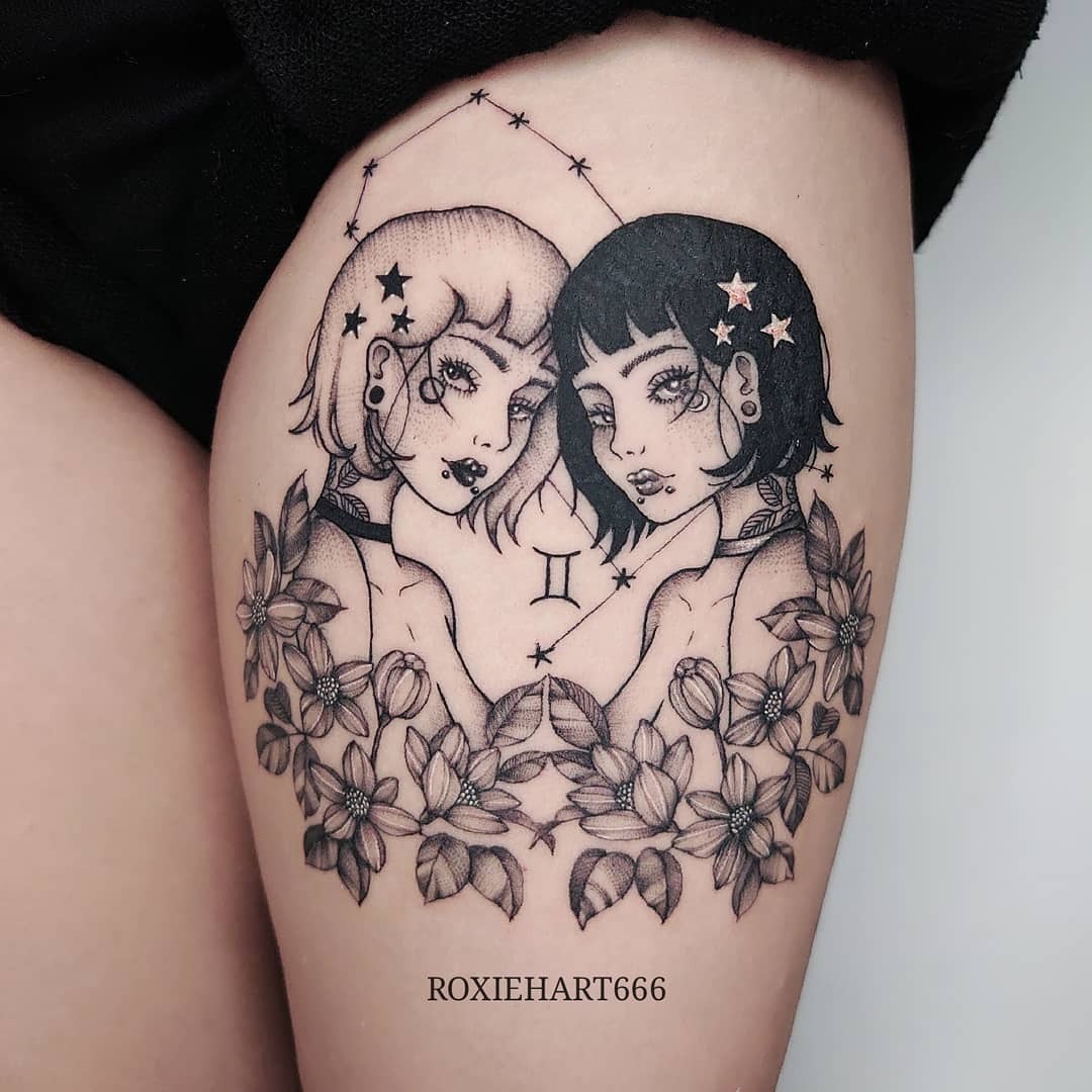 Artistic Gemini Tattoo with Dual Faces and Flowers Tattoo Design