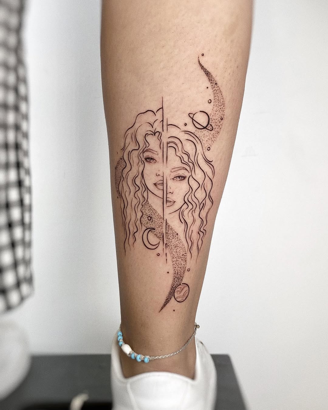 Feminine Gemini Tattoo with Cosmic Elements Tattoo Design
