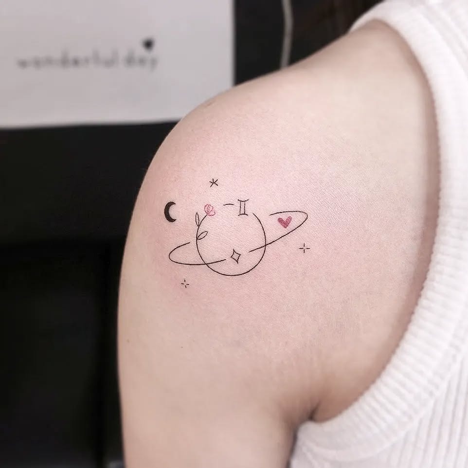 Whimsical Gemini Tattoo Featuring Planet and Flowers Tattoo Design