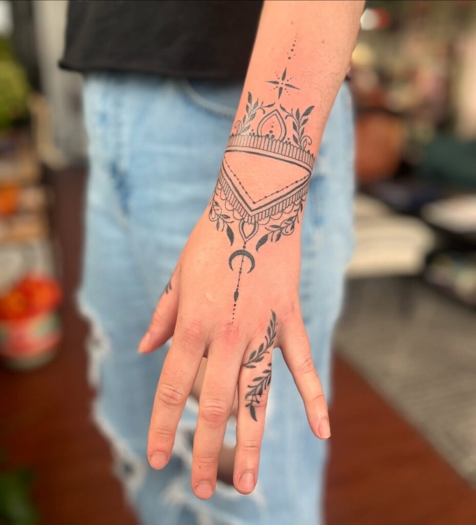 Elegant Mandala and Crescent Wrist-Hand Tattoo Tattoo Design