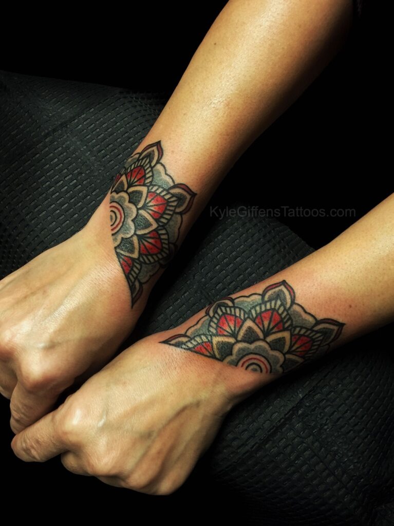 Matching Red and Black Mandala Wrist Tattoos Tattoo Design