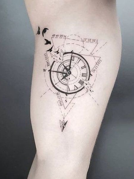 Geometric Compass Tattoo with Birds Tattoo Design