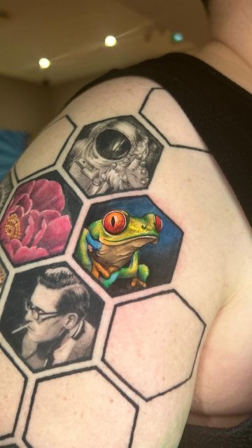 Hexagon Shoulder Tattoo with Colorful Mini Scenes Tattoo Design