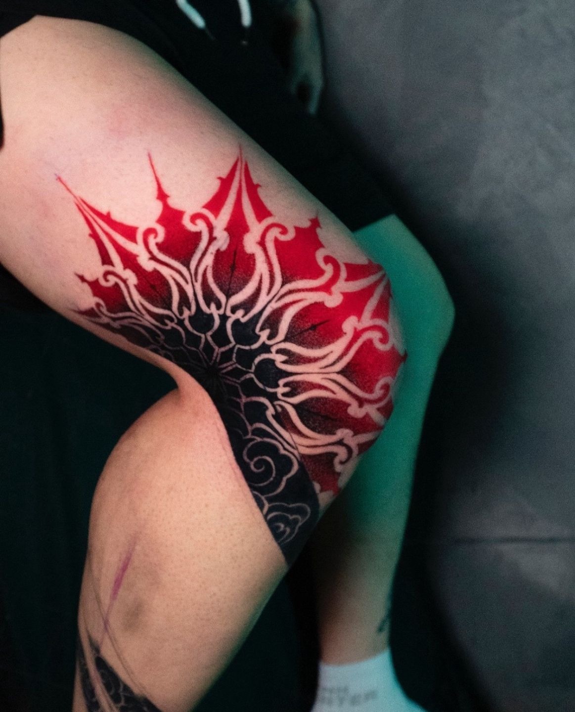 Red and Black Mandala Knee Tattoo Tattoo Design