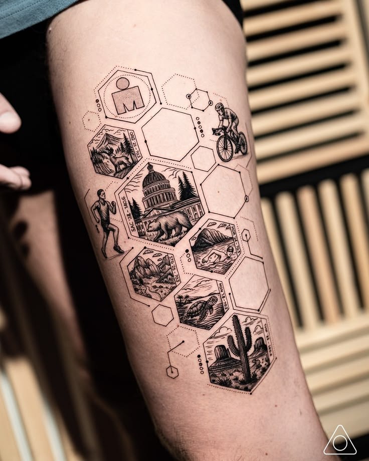 Travel-Inspired Hexagon Leg Tattoo Tattoo Design