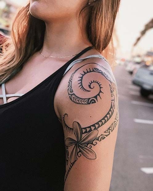 Feminine Shoulder Tribal Tattoo with Floral Softness Tattoo Design