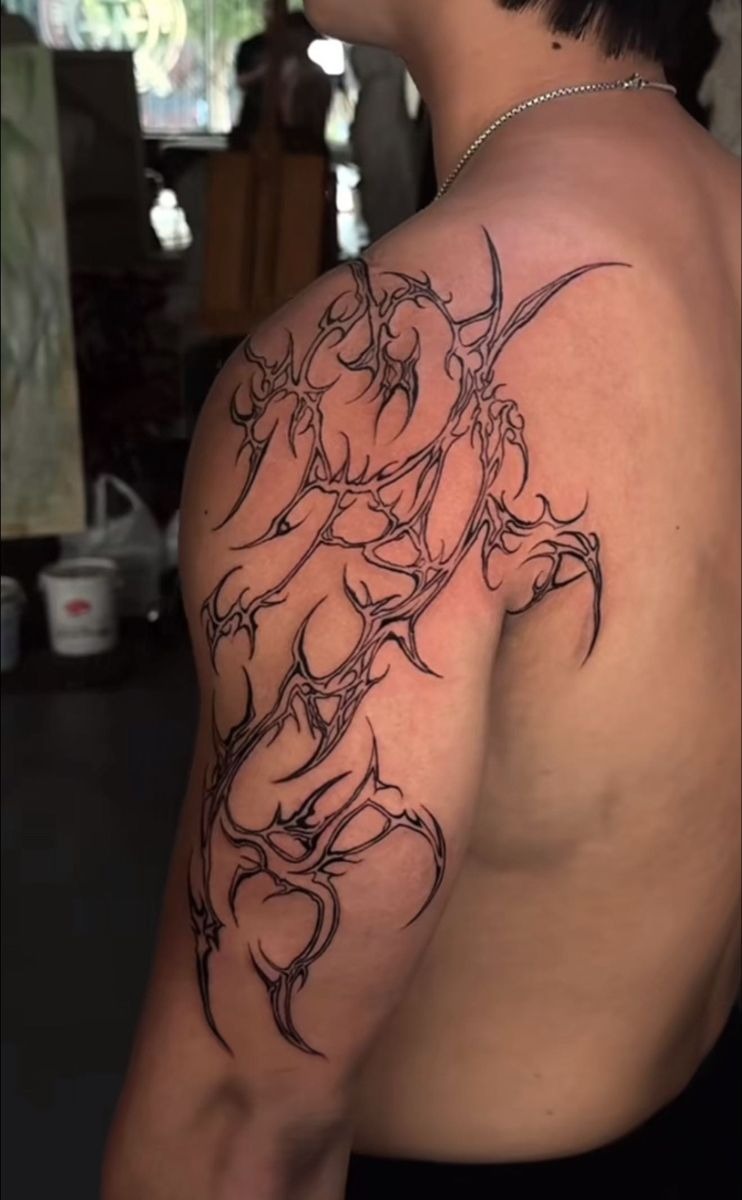 Fine-Line Abstract Tribal Back and Shoulder Tattoo Tattoo Design