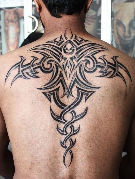 Symmetrical Back Tribal Tattoo with Winged Geometry Tattoo Design