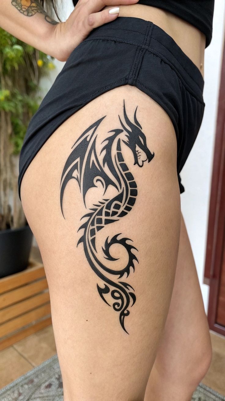Tribal Dragon Thigh Tattoo with Sleek Black Silhouette Tattoo Design