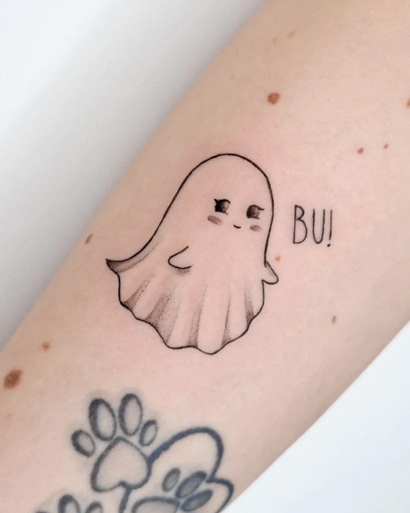 Cute Ghost Tattoo with “BU!” Tattoo Design
