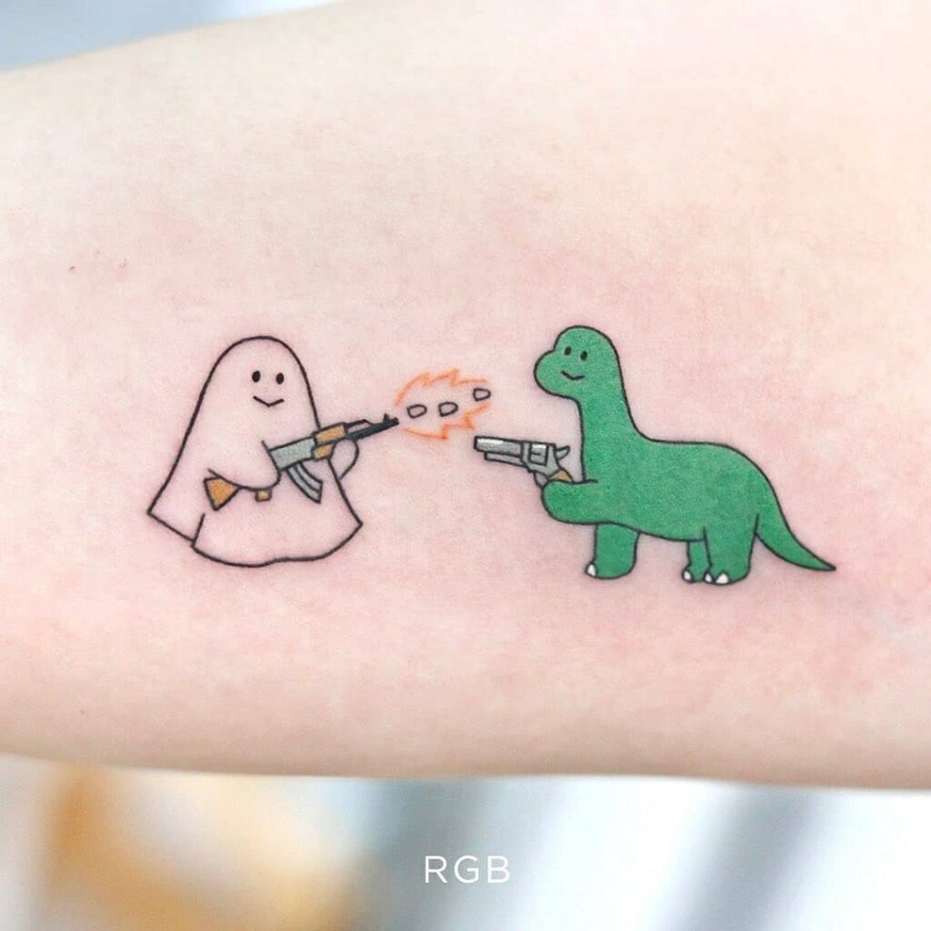 Ghost and Dinosaur Face-Off Tattoo Tattoo Design