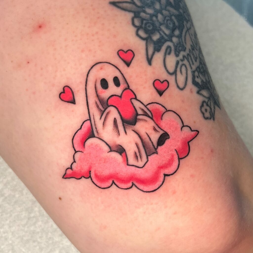 Ghost on a Cloud Tattoo with Hearts Tattoo Design