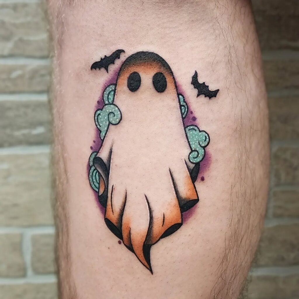 Halloween Ghost with Bats Tattoo Tattoo Design