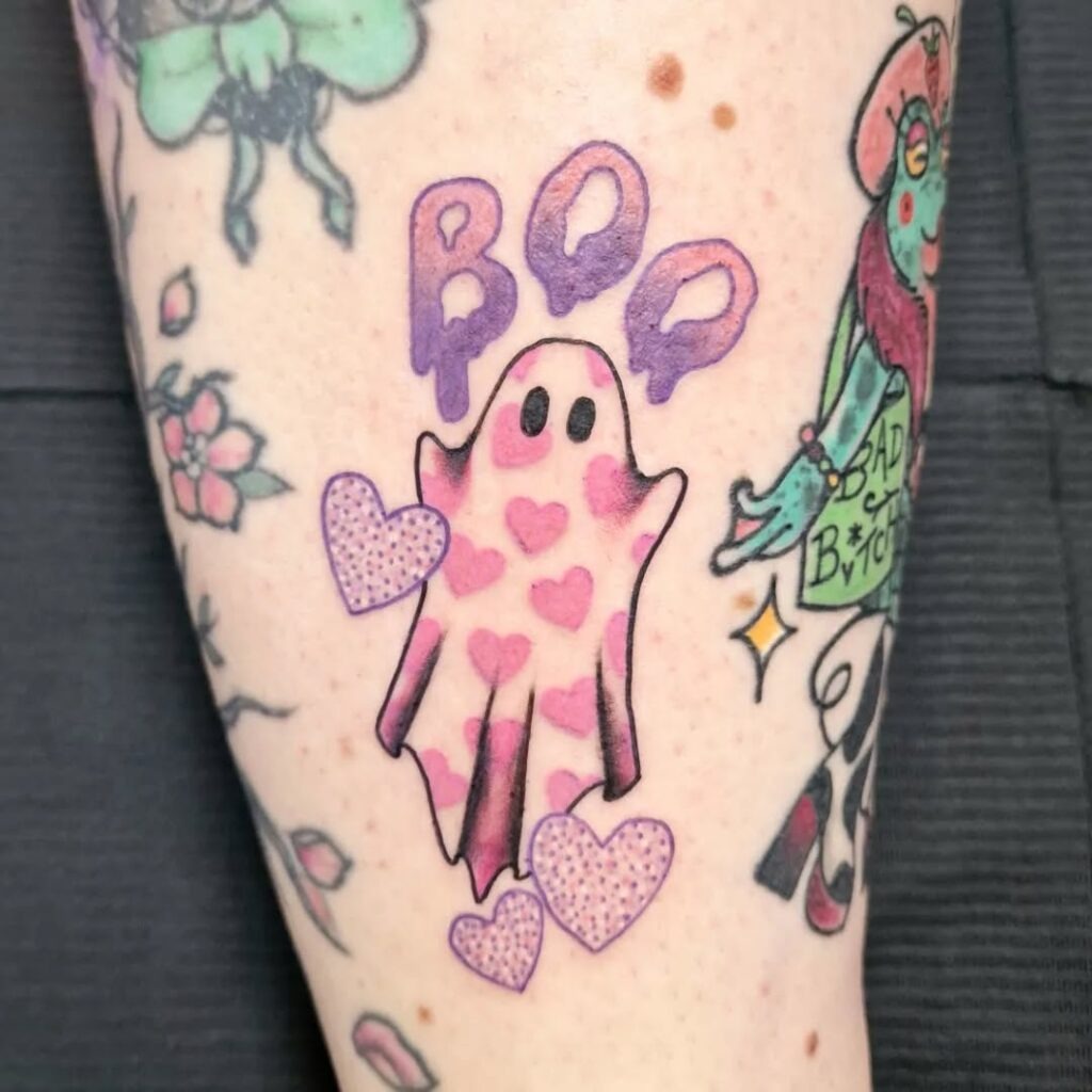 Playful Pink Heart Ghost Tattoo Tattoo Design