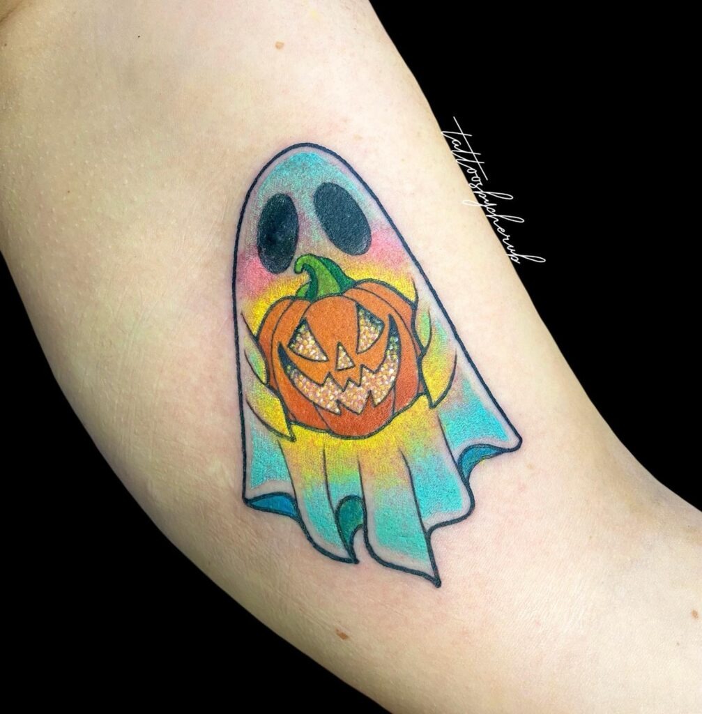 Rainbow Ghost with Pumpkin Tattoo Tattoo Design