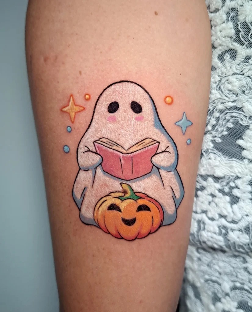 Storytime Ghost Tattoo with Pumpkin Tattoo Design