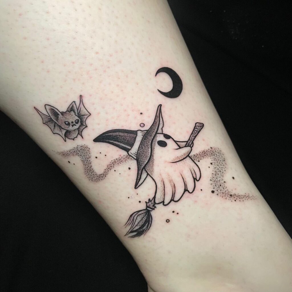 Witchy Ghost on a Broom Tattoo Tattoo Design