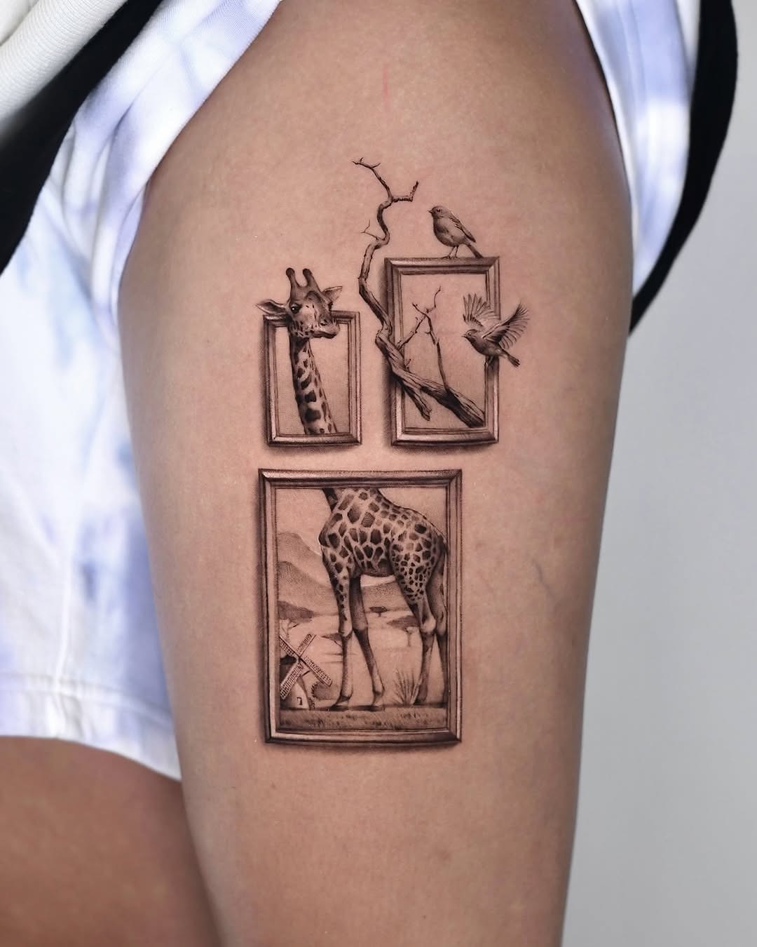 Artistic Giraffe Tattoo with Framed Illustrations Tattoo Design
