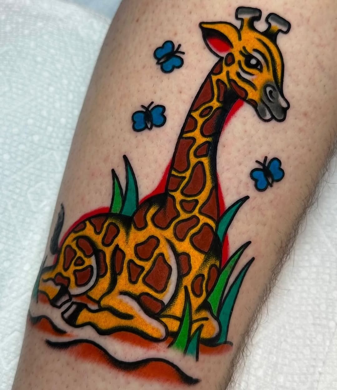 Colorful Giraffe Tattoo Surrounded by Butterflies Tattoo Design