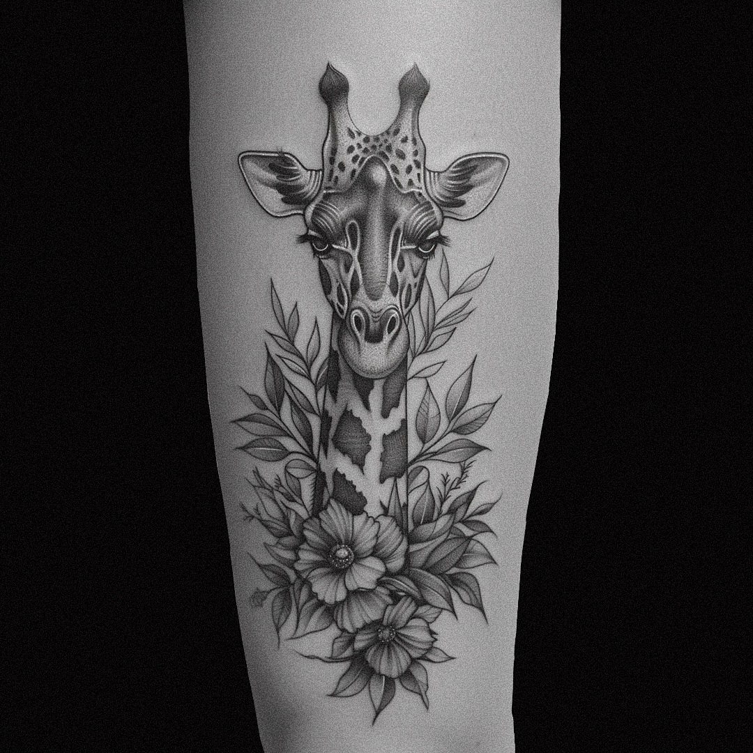 Stunning Giraffe Tattoo Surrounded by Flowers Tattoo Design