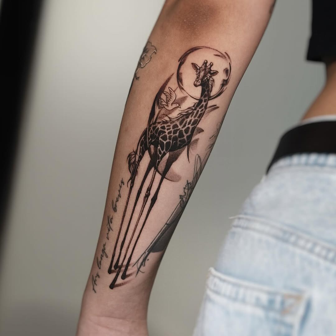 Stylish giraffe tattoo with moon background Tattoo Design