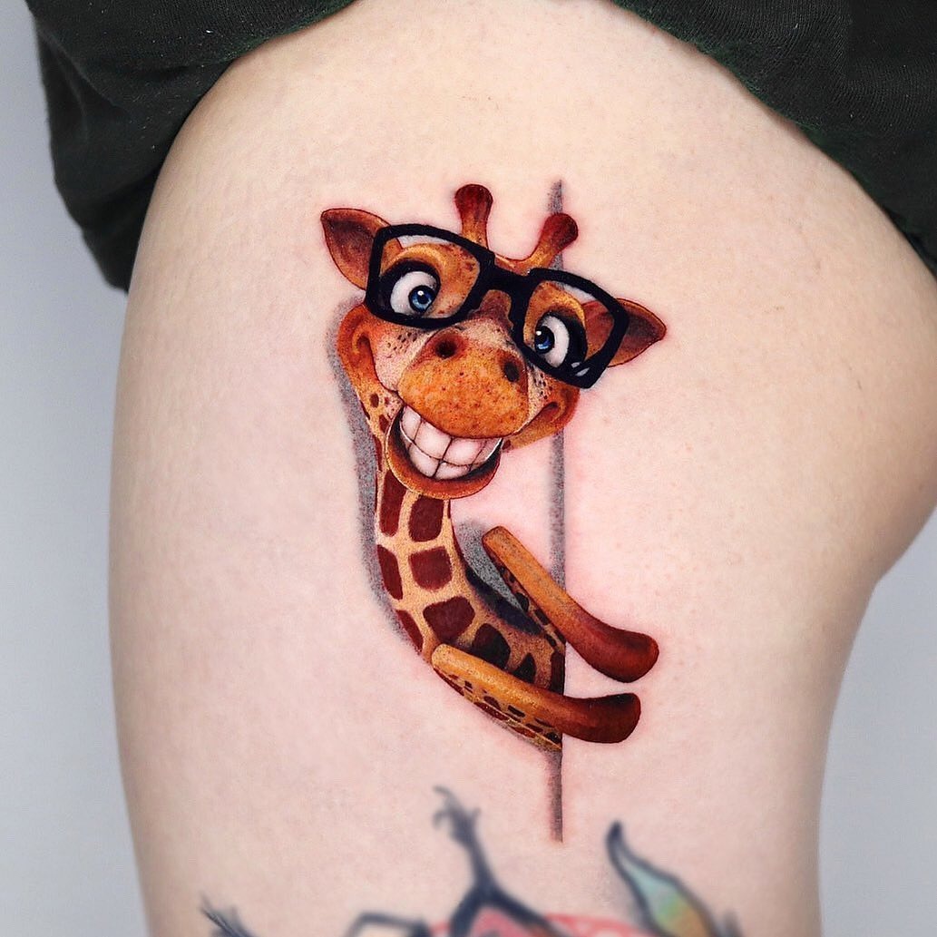 Whimsical giraffe tattoo wearing glasses Tattoo Design