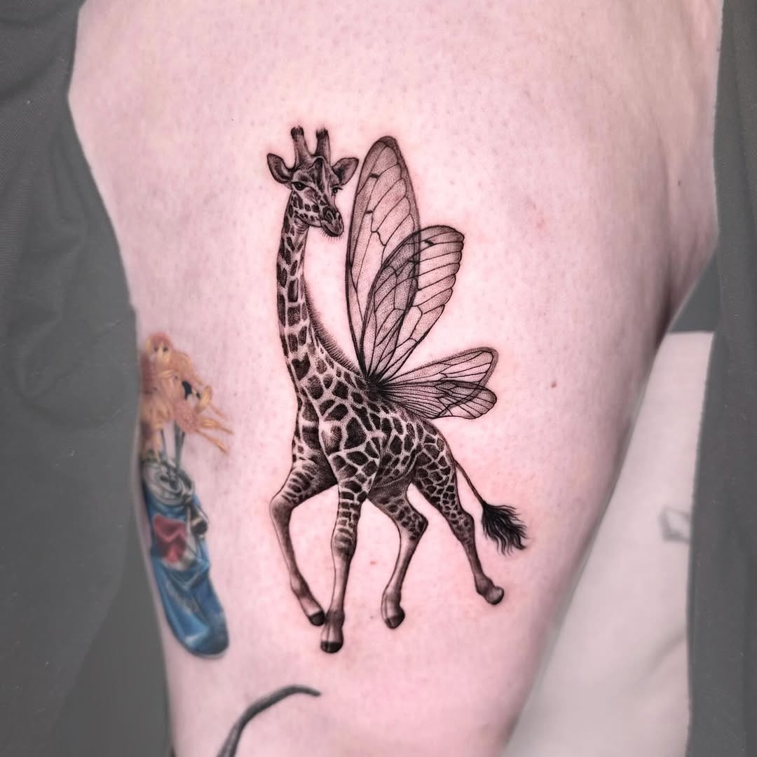 Whimsical giraffe tattoo with butterfly wings Tattoo Design