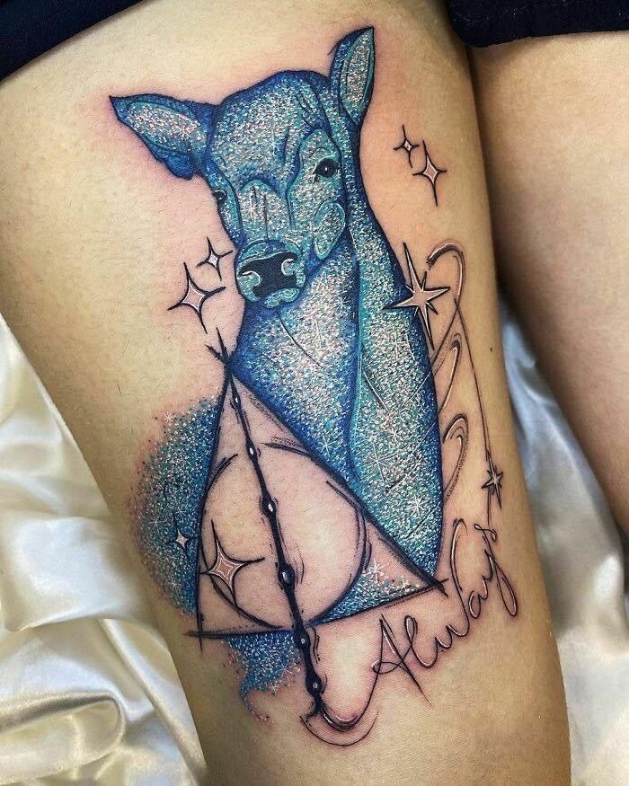 Glittery Deathly Hallows Glow Tattoo Design