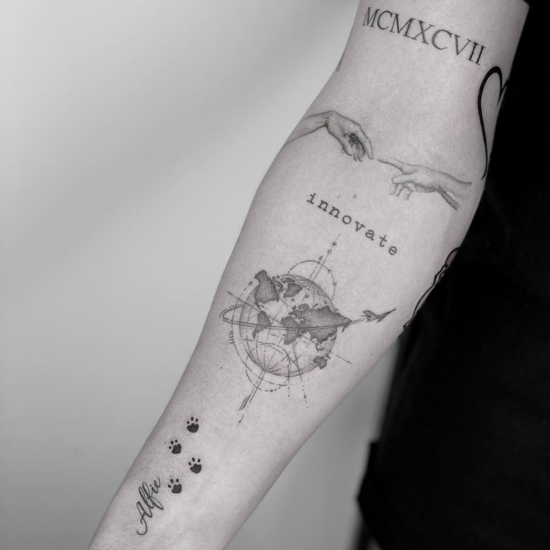 Intricate globe tattoo with meaningful symbols Tattoo Design
