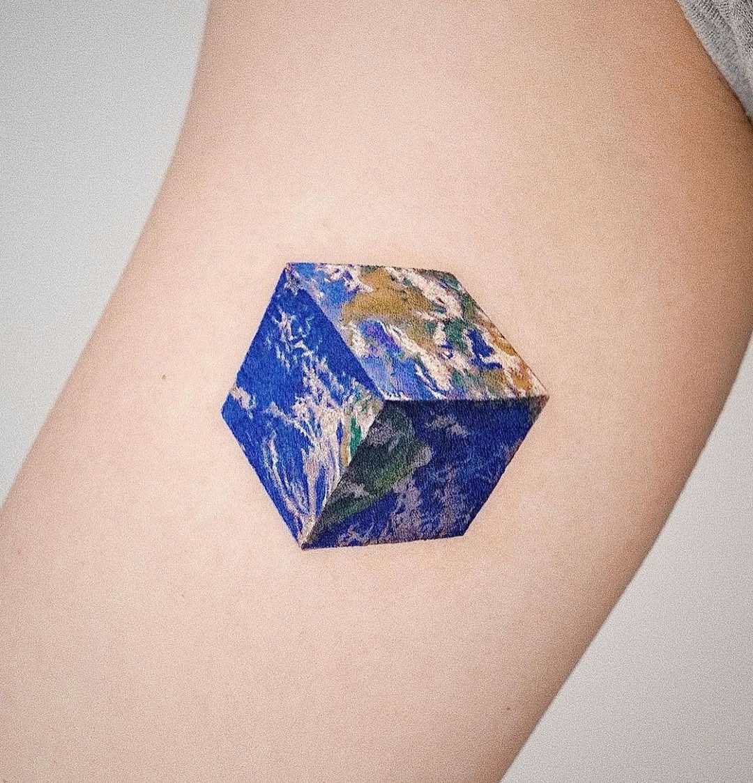 Stunning Cube Globe Tattoo on Arm Tattoo Design