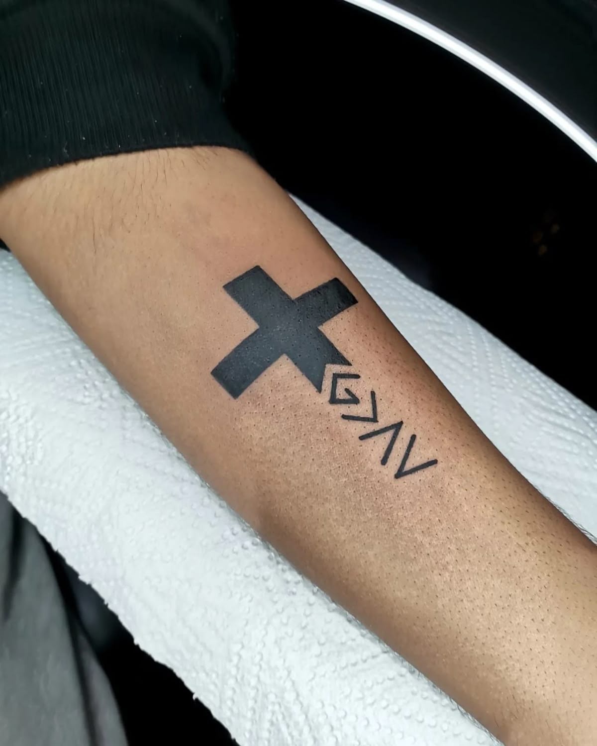 Fine Line Mountains and Ocean Tattoo with Symbol Tattoo Design