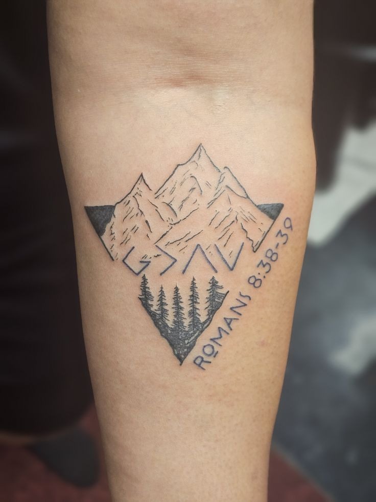 Mountain and Forest Tattoo with Romans Verse Tattoo Design