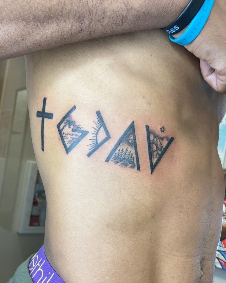 Rib Tattoo with Cross and Natural Scenes Tattoo Design