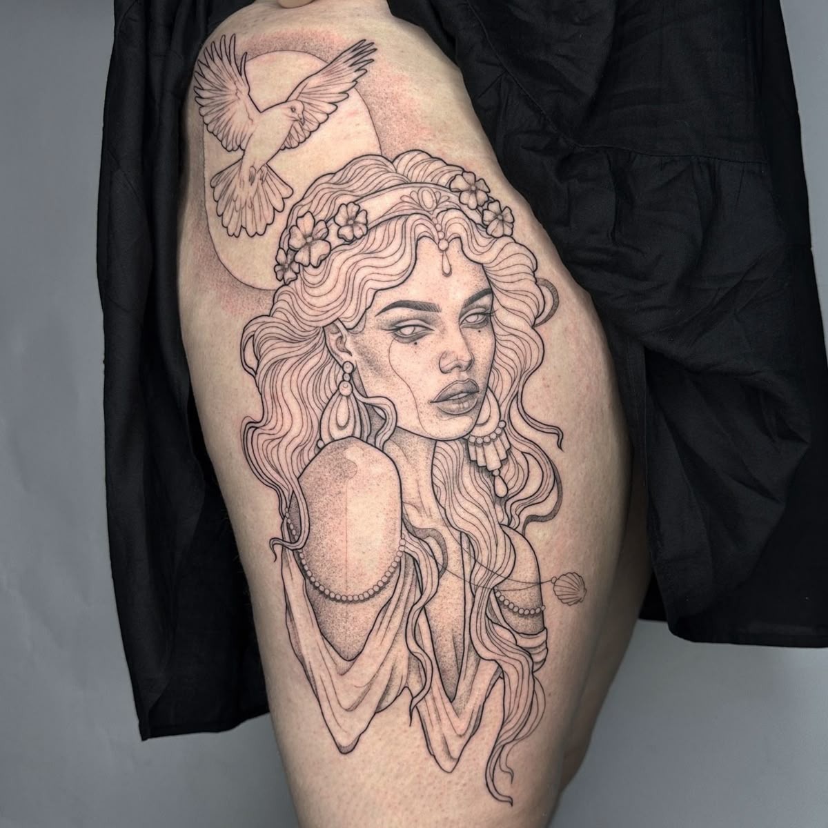 Aphrodite With Dove Fine Line Portrait Tattoo Design