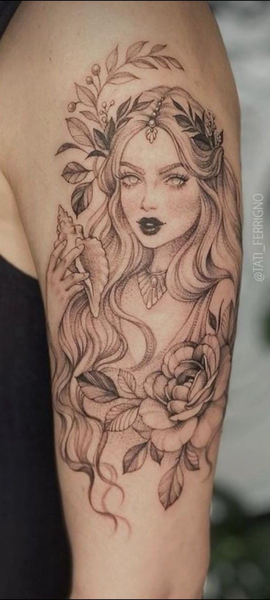 Conch and Portrait Aphrodite Stipple Realism Tattoo Design