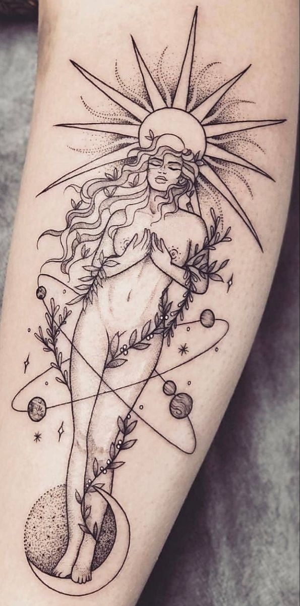 Cosmic Sun Halo Goddess Fine Line Tattoo Design